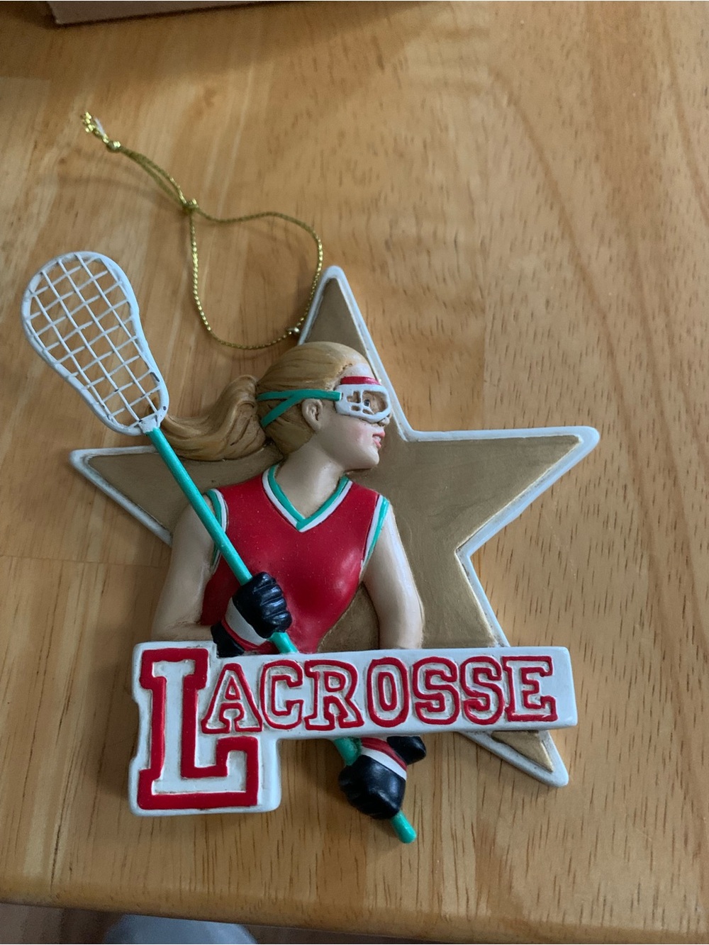 Lacrosse Player Ornament in Red and Gold